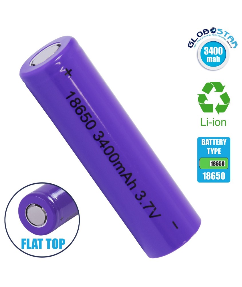 GloboStar® 79097 Επαναφορτιζόμενη Μπαταρία Λιθίου 18650 FLAT PIN 3400mAh Li-ion 3.7V 12.6Wh